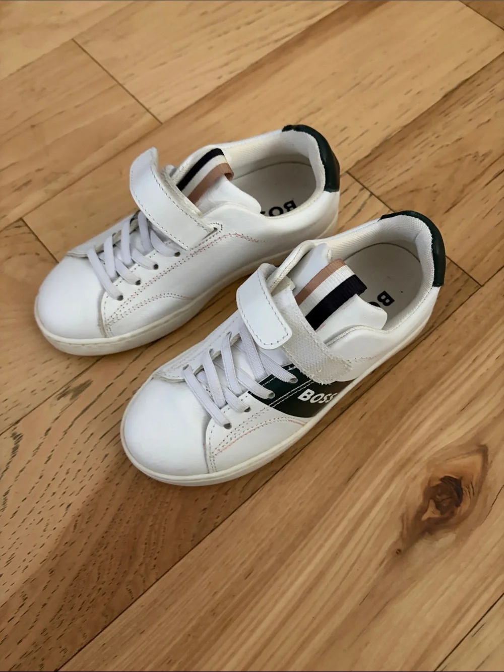 Hugo Boss White Leather Sneakers with Green Accents for Kids